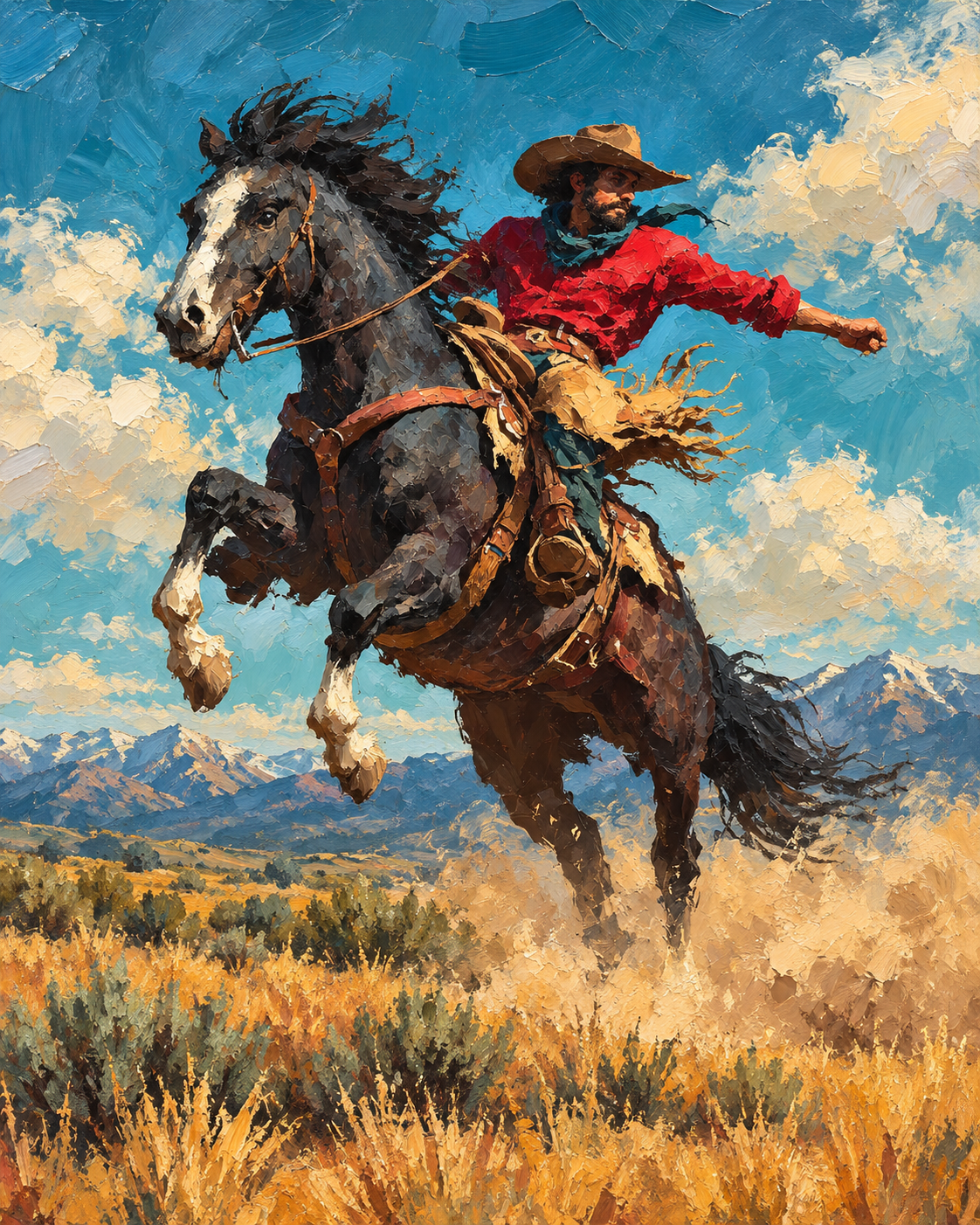 Ride It Out - oil print of a cowboy on a rearing horse against a Western mountain sky