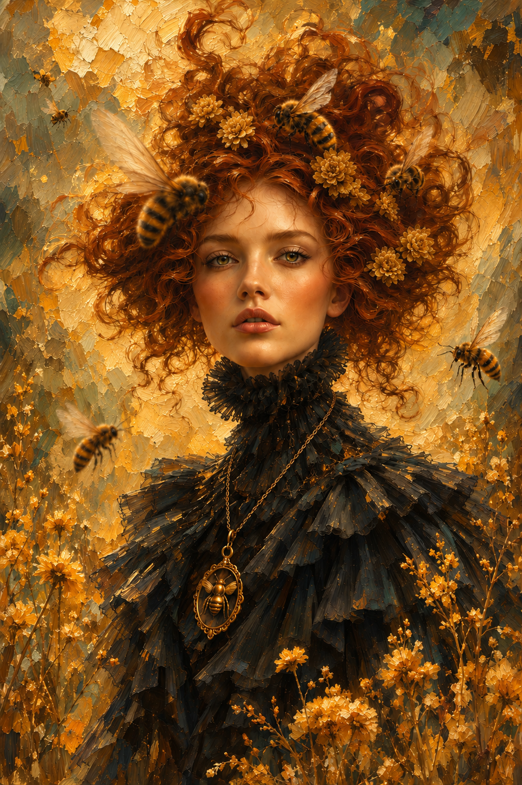 Honey - portrait of a woman with auburn curls surrounded by bees and golden flowers, oil print by Ilee DeSoto