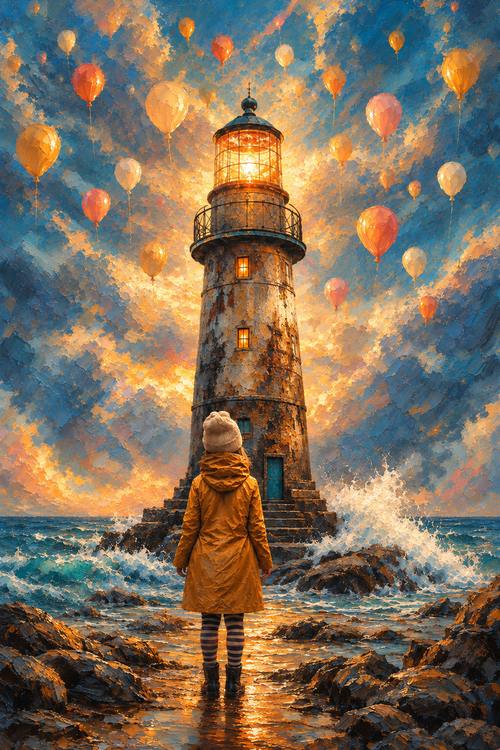 Little Wonders - a child in a golden raincoat stands before a glowing lighthouse as balloons drift through the sky
