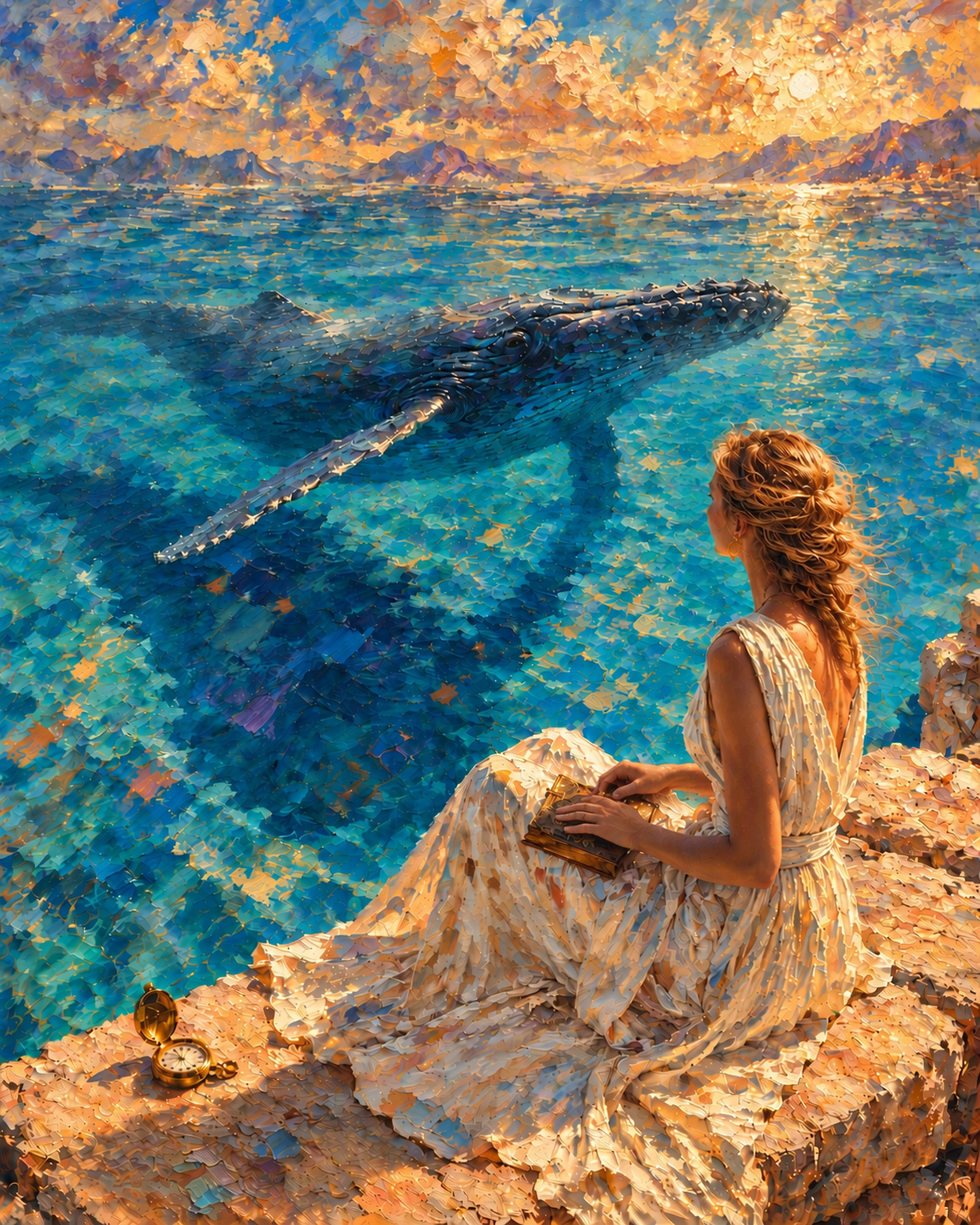 The Deep End – woman sitting on rocks watching a humpback whale in turquoise waters beneath a golden sunset sky